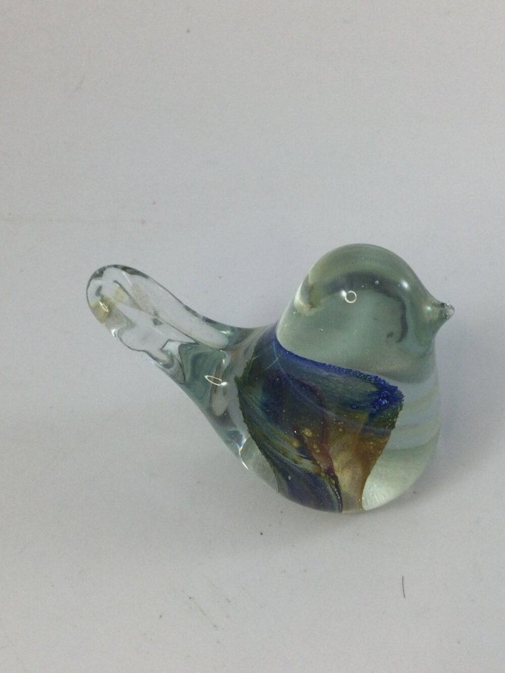 Vintage Hand Blown Art Glass Bird Figurine Paperweight Clear Yellow Blue